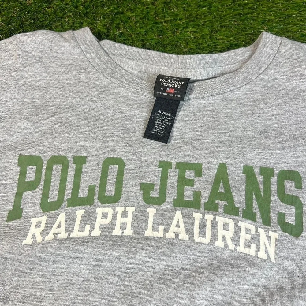 Polo Jeans Ralph Lauren Spell Out Logo T Shirt Gray Flag Sleeve Mens XL Tee